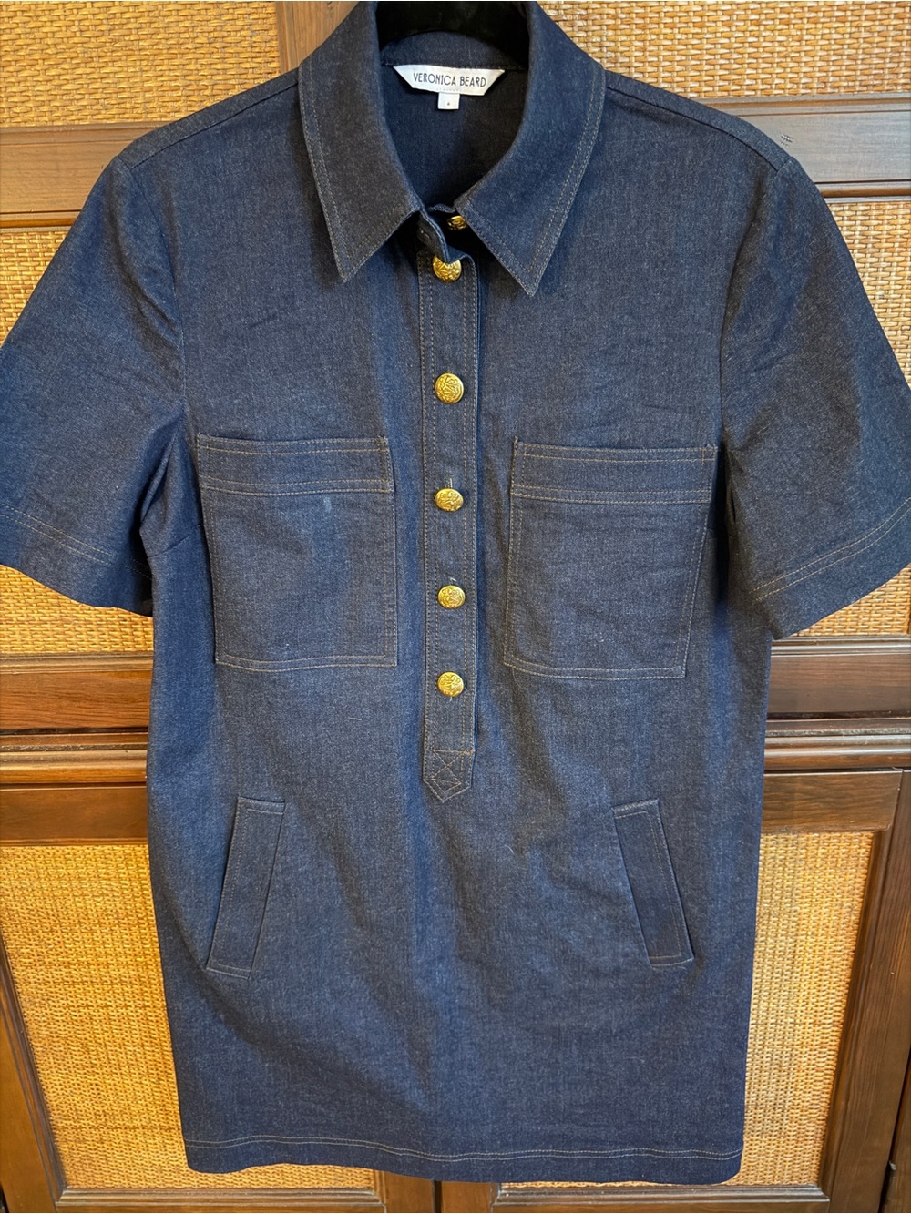 Veronica Beard Indigo Denim Short Sleeve Shirt Dress with Gold Buttons